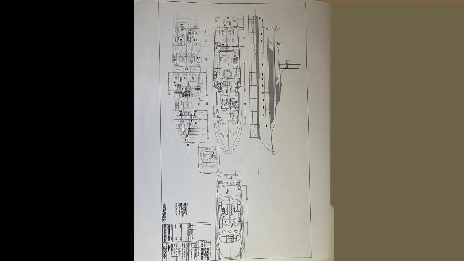 A detailed blueprint of a yacht showcasing various sections and layouts. aboard THINK B.I.G Yacht for Sale
