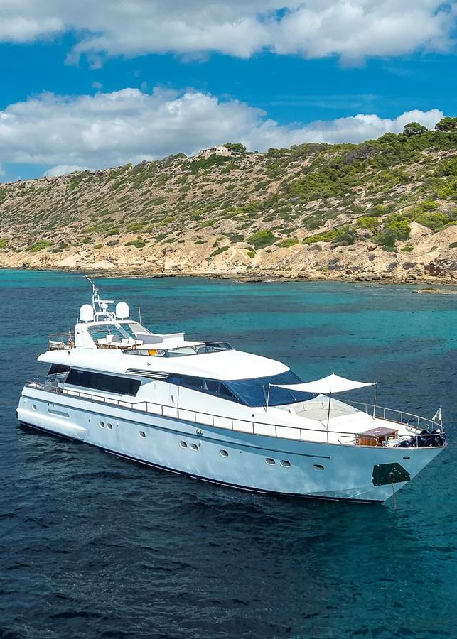 a white yacht in the water aboard AXEBT Yacht for Sale