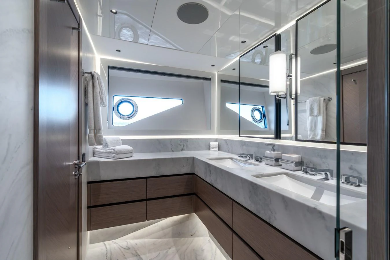 a bathroom with a large mirror aboard AURELIUS Yacht for Sale