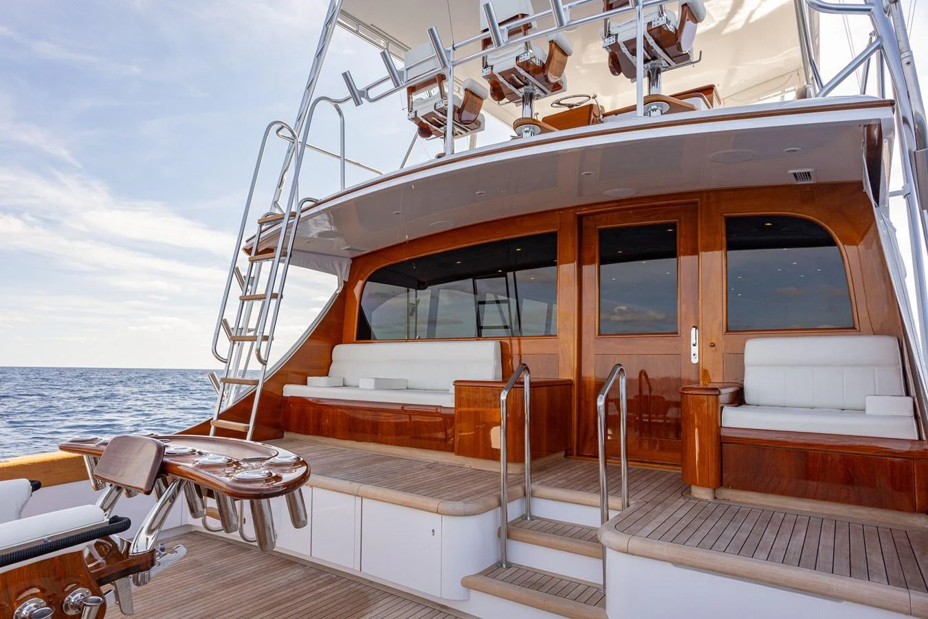 The yacht's aft deck features elegant wooden finishes and comfortable seating areas, perfect for relaxation and socializing. aboard HT HOOK Yacht for Sale