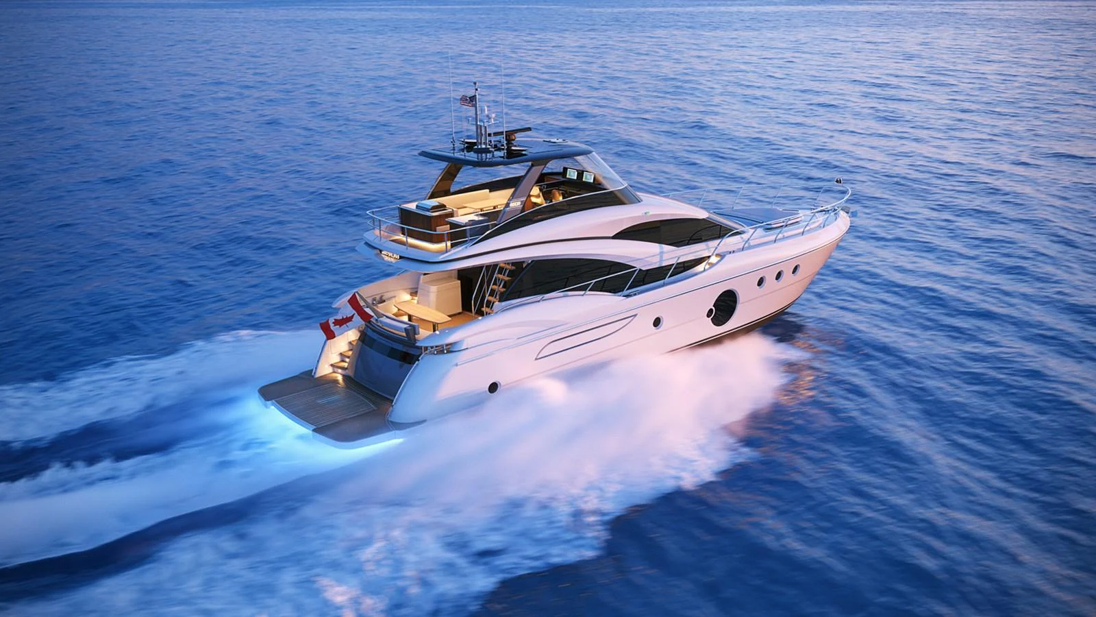 A sleek and modern yacht cruises swiftly through calm blue waters at sunset. aboard NEPTUNUS 750S Yacht for Sale