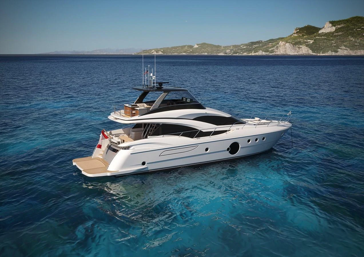A sleek and modern yacht cruising in clear blue waters with a scenic coastline in the background. aboard NEPTUNUS 750S Yacht for Sale