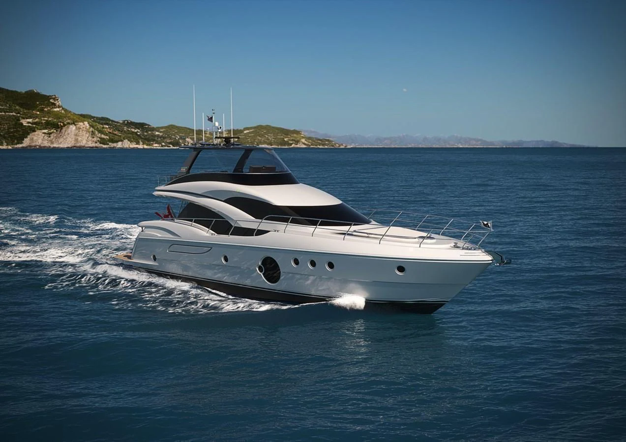 A sleek and modern yacht cruises through calm blue waters with a scenic coastline in the background. aboard NEPTUNUS 750S Yacht for Sale