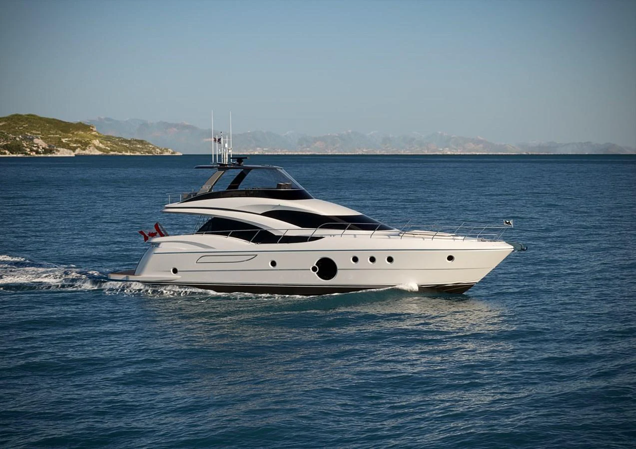 A sleek and modern yacht cruising on calm blue waters with a scenic coastline in the background. aboard NEPTUNUS 750S Yacht for Sale