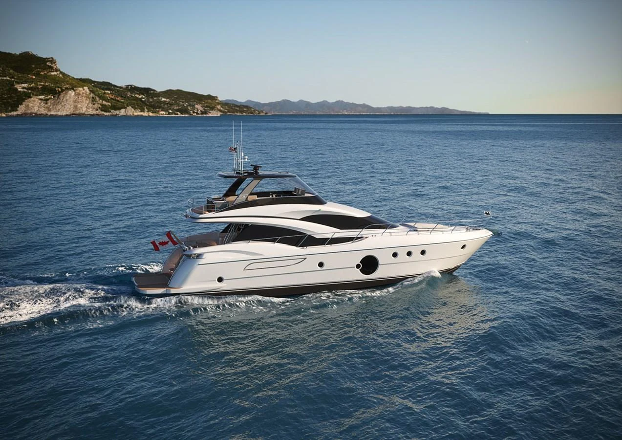 A sleek and modern yacht cruises through calm waters with a scenic coastline in the background. aboard NEPTUNUS 750S Yacht for Sale
