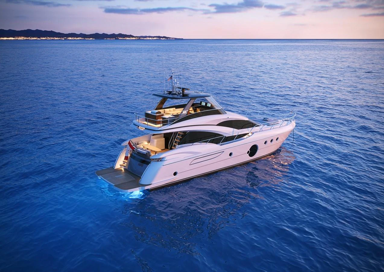 A sleek and modern yacht cruising on calm waters at sunset. aboard NEPTUNUS 750S Yacht for Sale