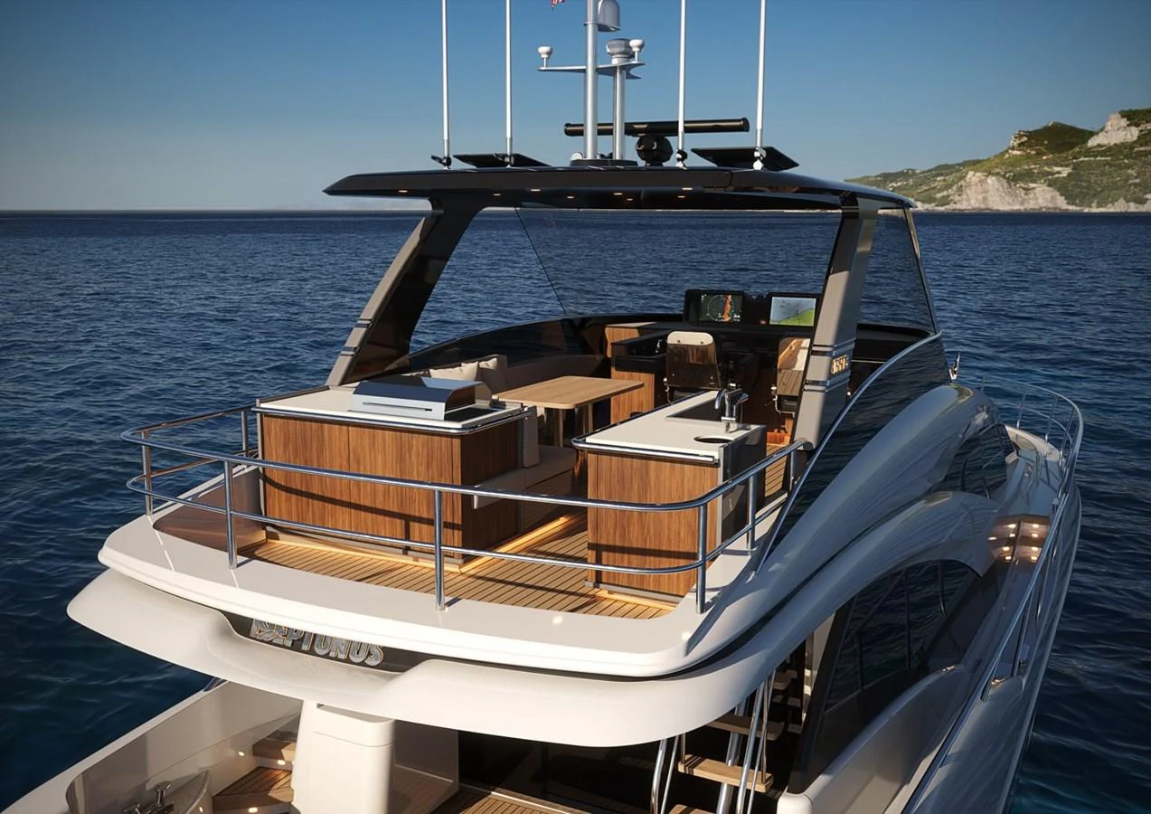 The yacht's flybridge offers a luxurious outdoor space with ample seating and stunning views. aboard NEPTUNUS 750S Yacht for Sale