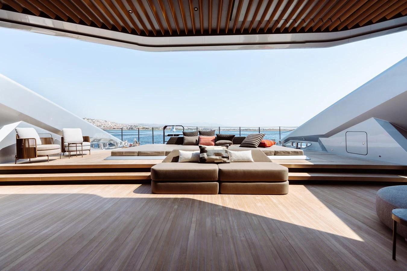 a room with a couch and a view of the water aboard THIS IS IT I Yacht for Sale