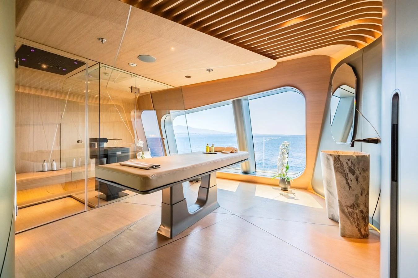 a room with a table and a window aboard THIS IS IT I Yacht for Sale
