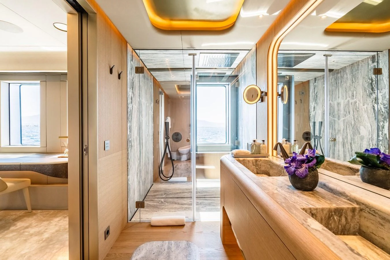 a bathroom with a large shower aboard THIS IS IT I Yacht for Sale