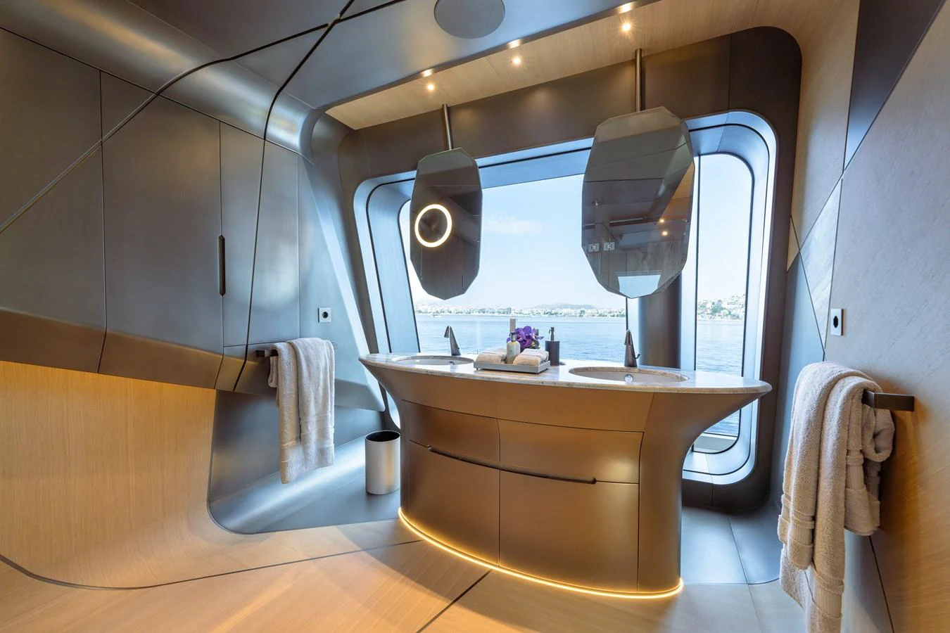a bathroom with a large mirror aboard THIS IS IT I Yacht for Sale