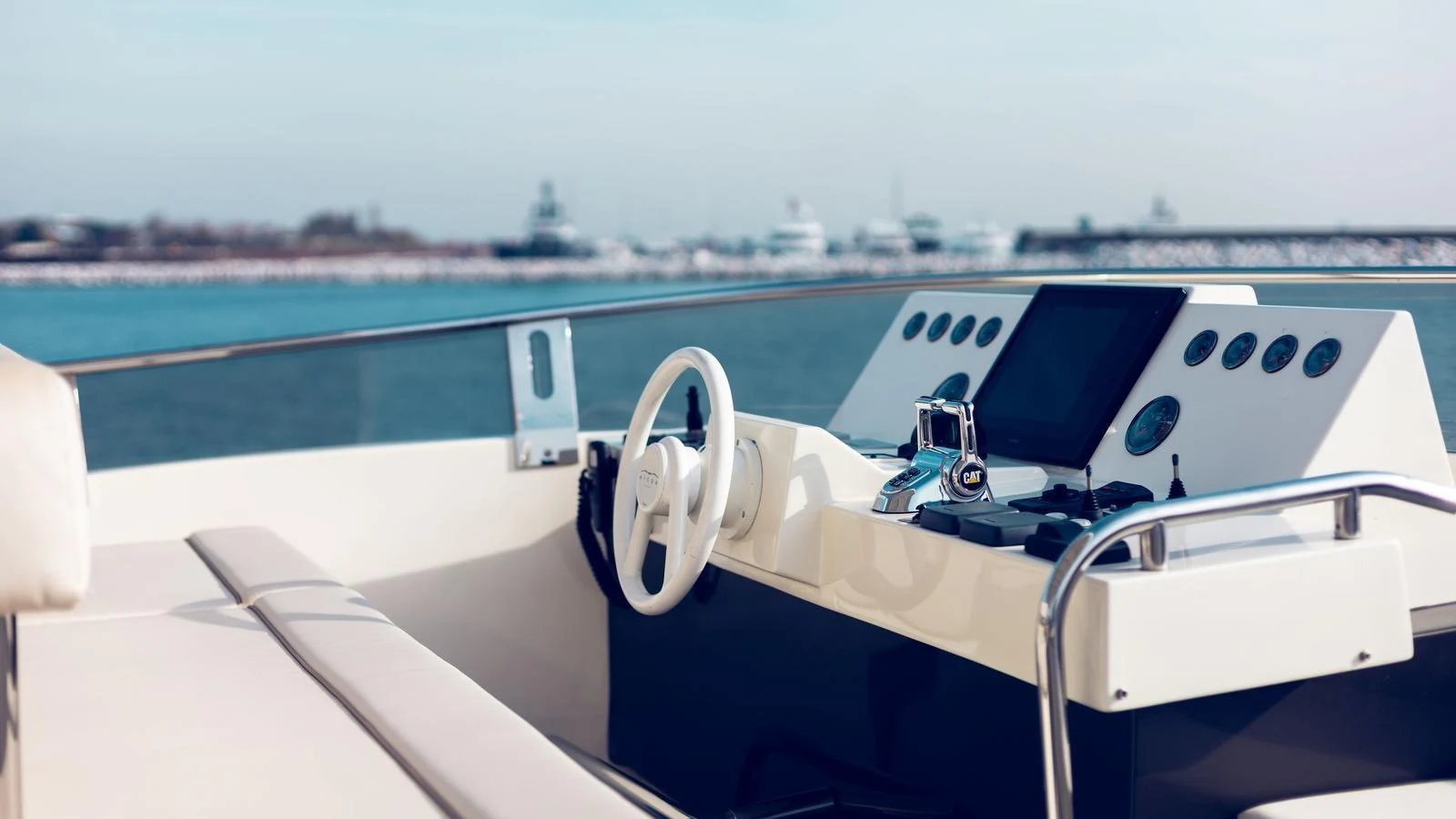 The helm station offers a sleek and modern control area with a panoramic view of the sea. aboard SEA PEARL 2 Yacht for Sale