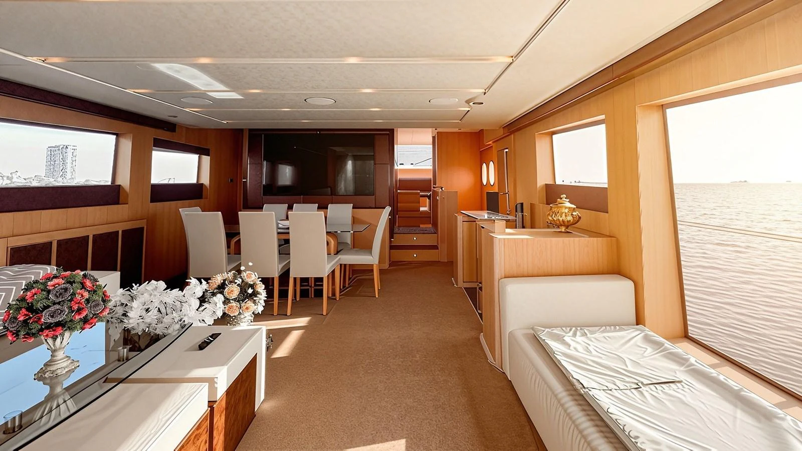 The yacht's salon features elegant dining and lounging areas with large windows offering stunning sea views. aboard SEA PEARL 2 Yacht for Sale