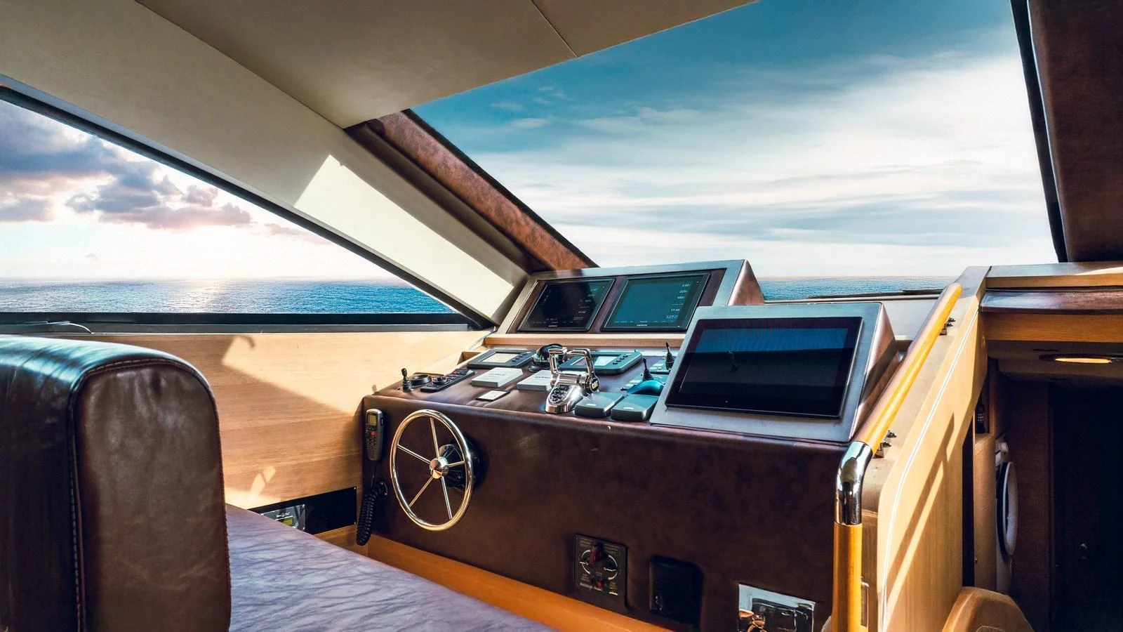 The helm station offers a commanding view with state-of-the-art navigation equipment. aboard SEA PEARL 2 Yacht for Sale