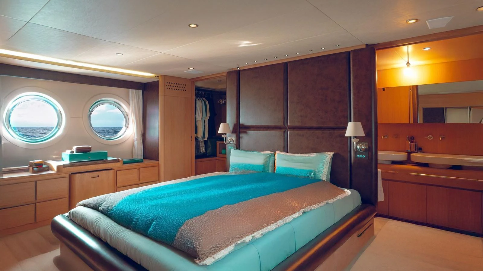 The master stateroom features a luxurious bed with ocean views through round portholes. aboard SEA PEARL 2 Yacht for Sale