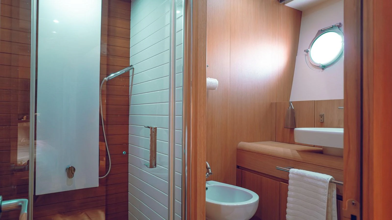 The yacht's bathroom features modern fixtures and a sleek design. aboard SEA PEARL 2 Yacht for Sale