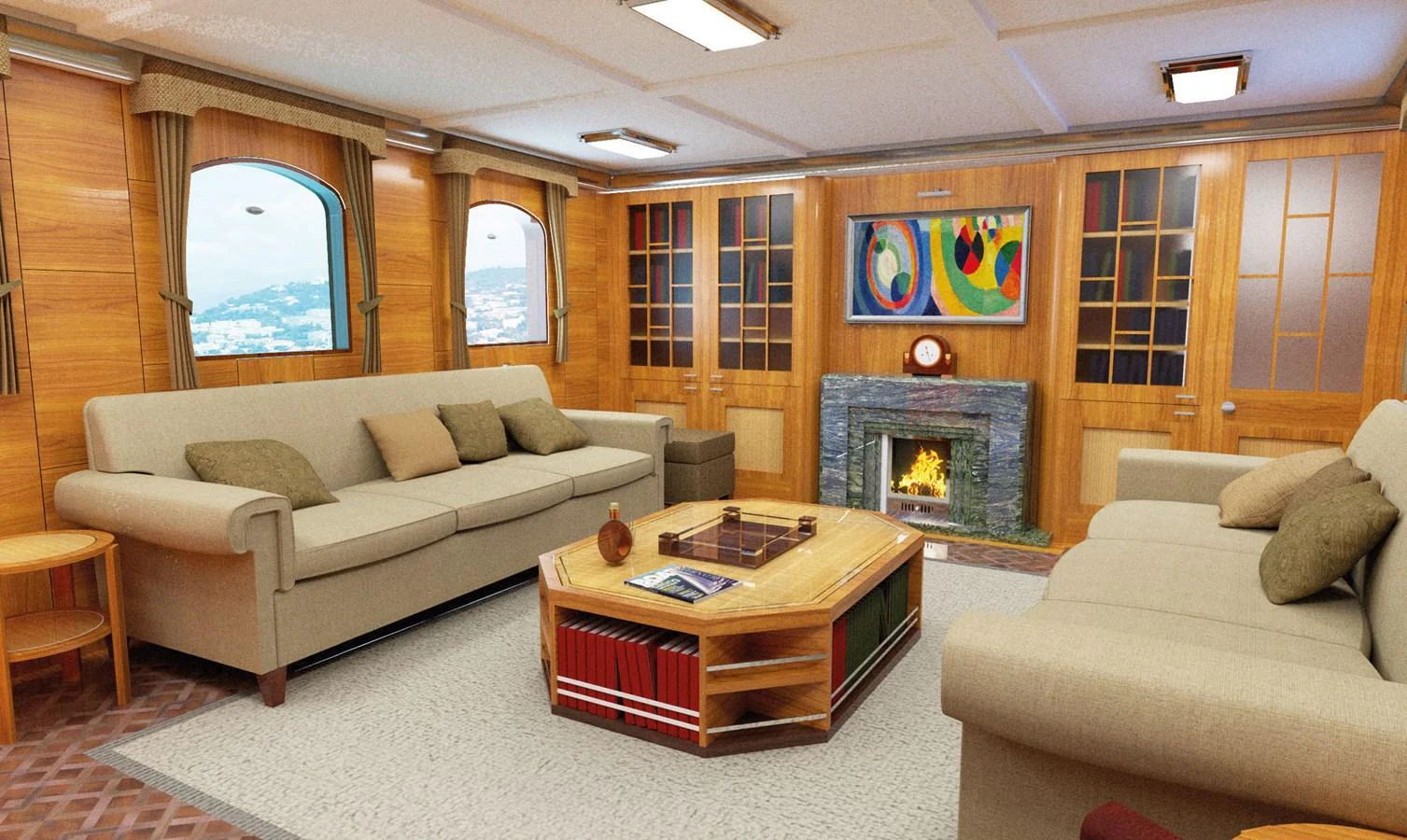 a living room with a fireplace aboard AMAZONE Yacht for Sale