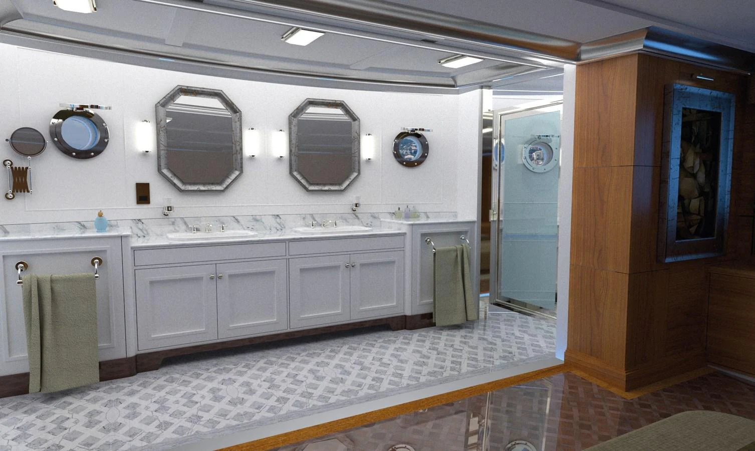 a bathroom with a large mirror aboard AMAZONE Yacht for Sale