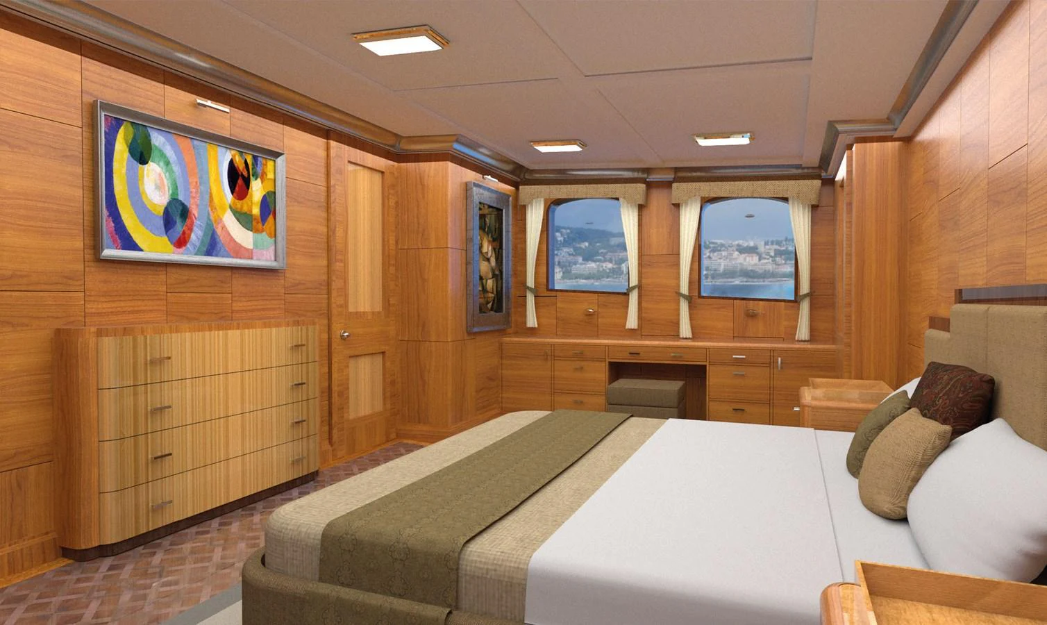a room with a bed and a desk aboard AMAZONE Yacht for Sale