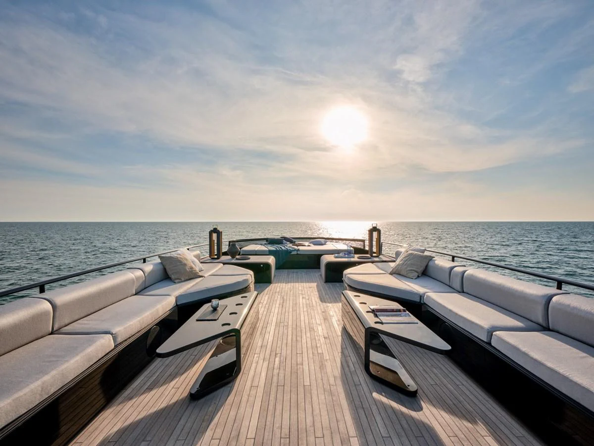 The aft deck offers a spacious and luxurious lounging area with stunning ocean views. aboard 50 SHADES OF PLAY Yacht for Sale