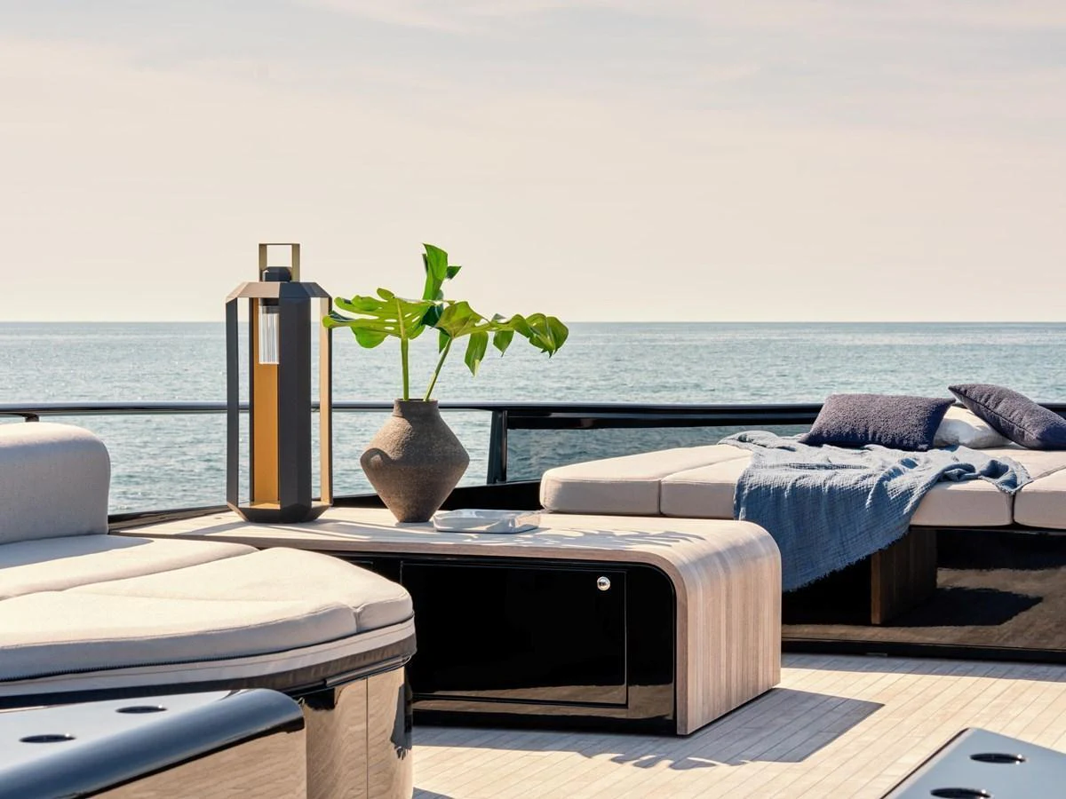 The sundeck offers luxurious lounging with plush seating and a serene ocean view. aboard 50 SHADES OF PLAY Yacht for Sale
