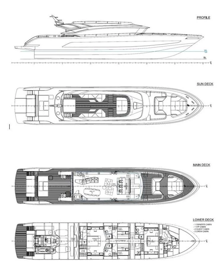 Detailed blueprint showcasing the profile and deck layouts of a luxury yacht. aboard 50 SHADES OF PLAY Yacht for Sale