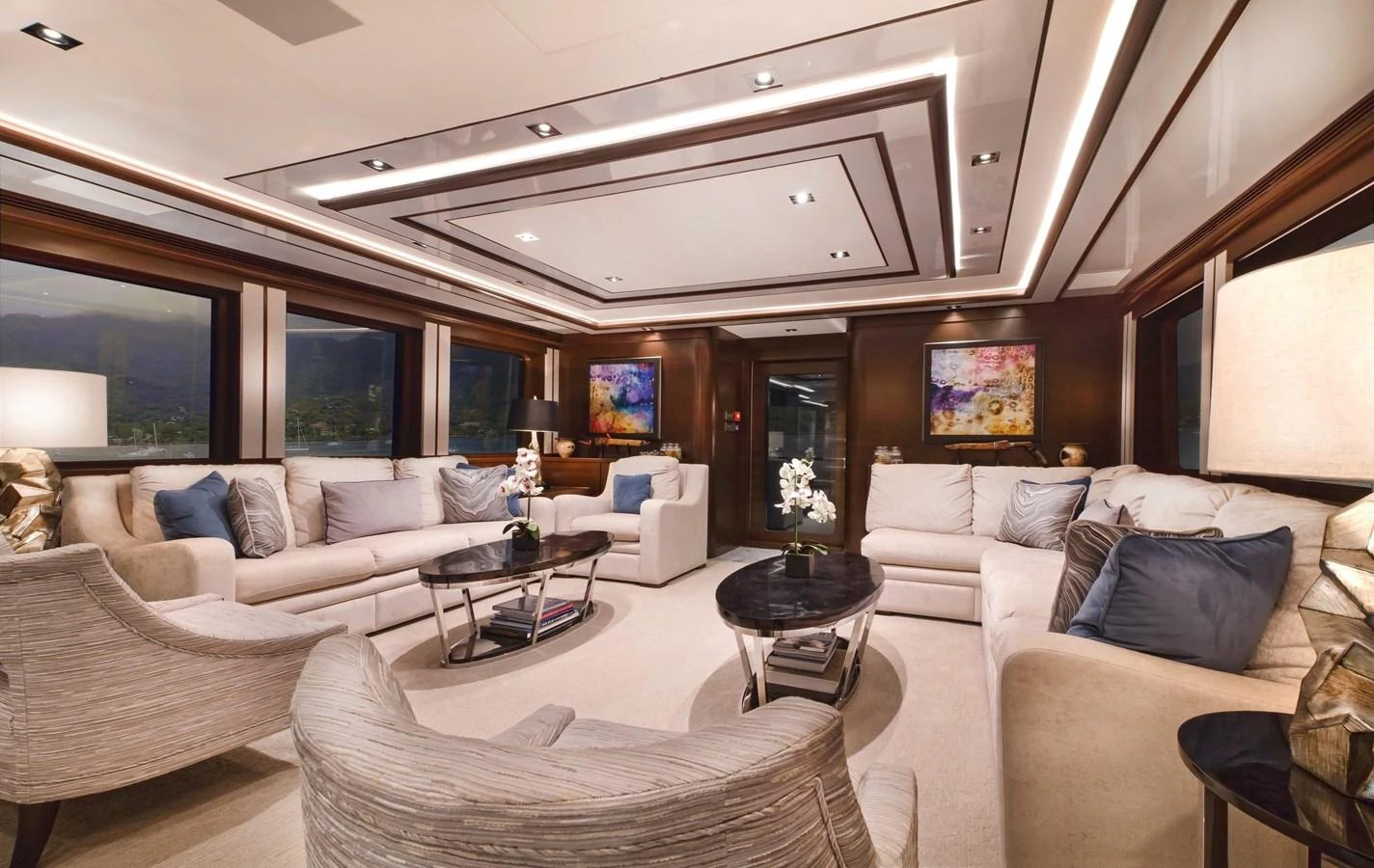 a living room with a large ceiling aboard VIVIERAE II Yacht for Sale