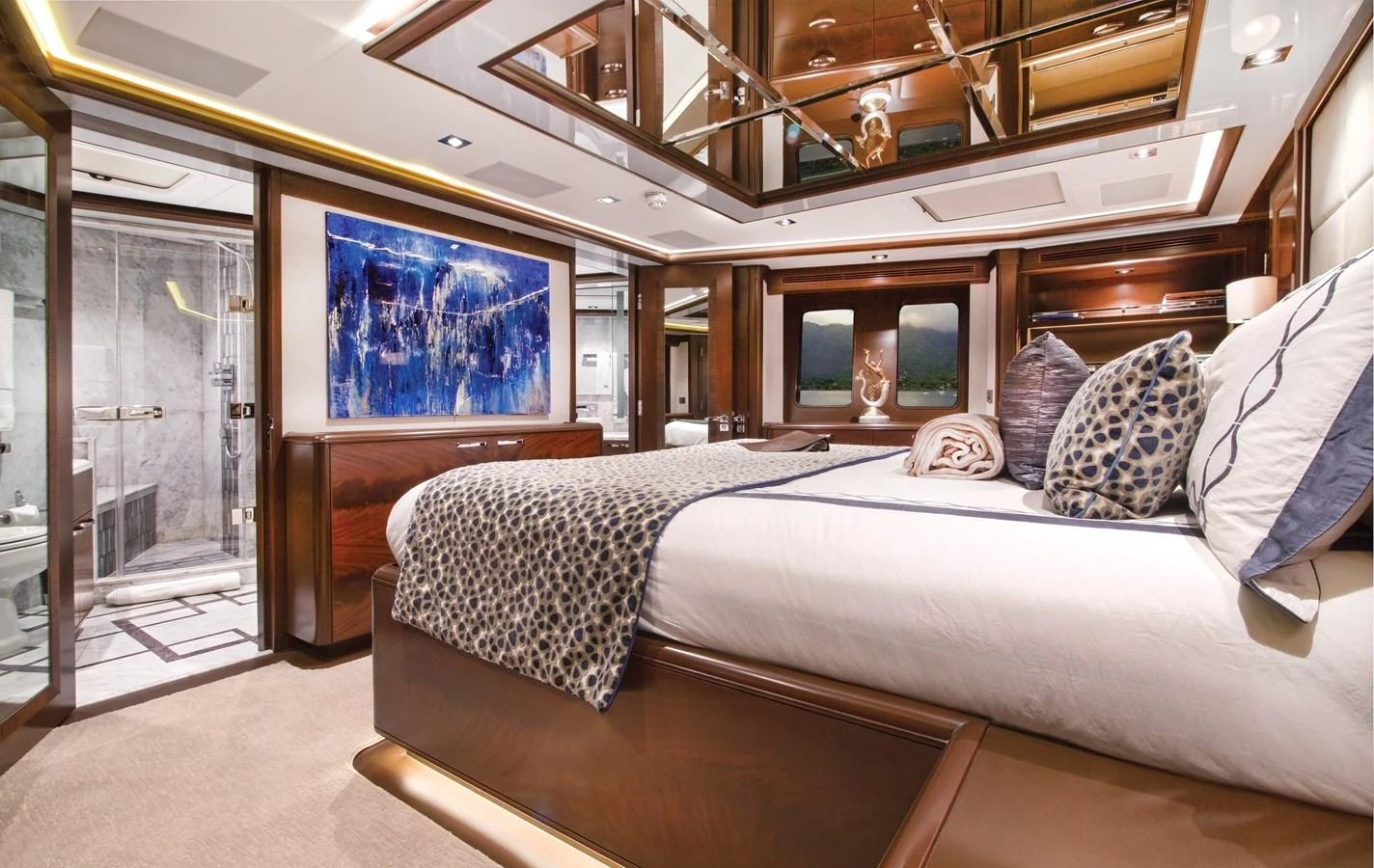 a bed in a room aboard VIVIERAE II Yacht for Sale