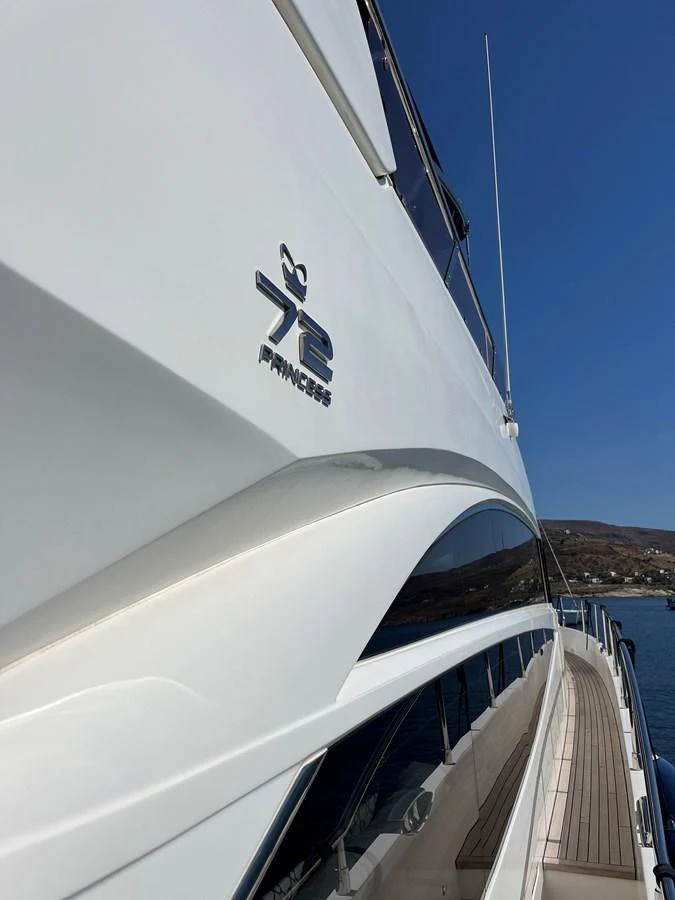 A close-up view of the yacht's sleek exterior with a focus on its branding and modern design. aboard LAVIMAR II Yacht for Sale