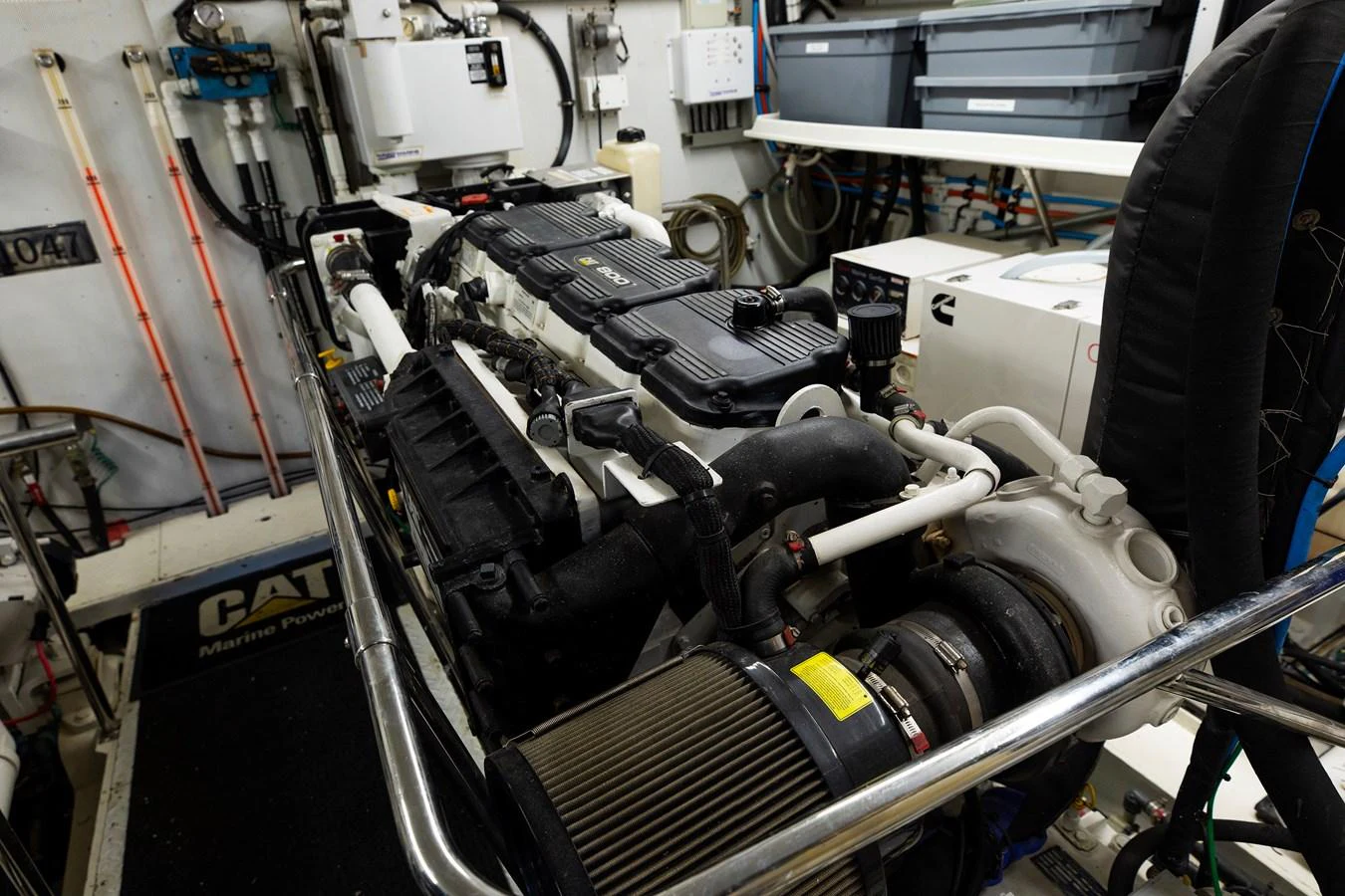 The image showcases the yacht's well-maintained engine room with advanced machinery. aboard MELODIOUS LL Yacht for Sale