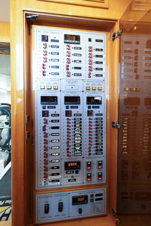 The image showcases the yacht's sophisticated electrical control panel, highlighting its advanced systems and meticulous engineering. aboard MELODIOUS LL Yacht for Sale
