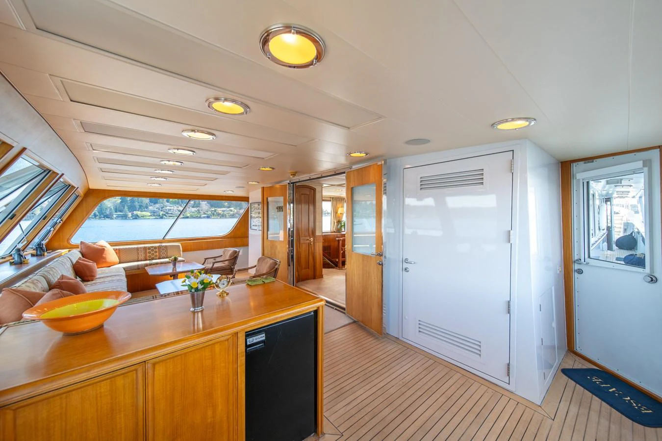 a large kitchen with a large island aboard ESCAPE OF LONDON Yacht for Sale