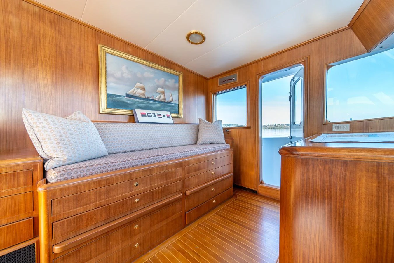 a bed in a room aboard ESCAPE OF LONDON Yacht for Sale