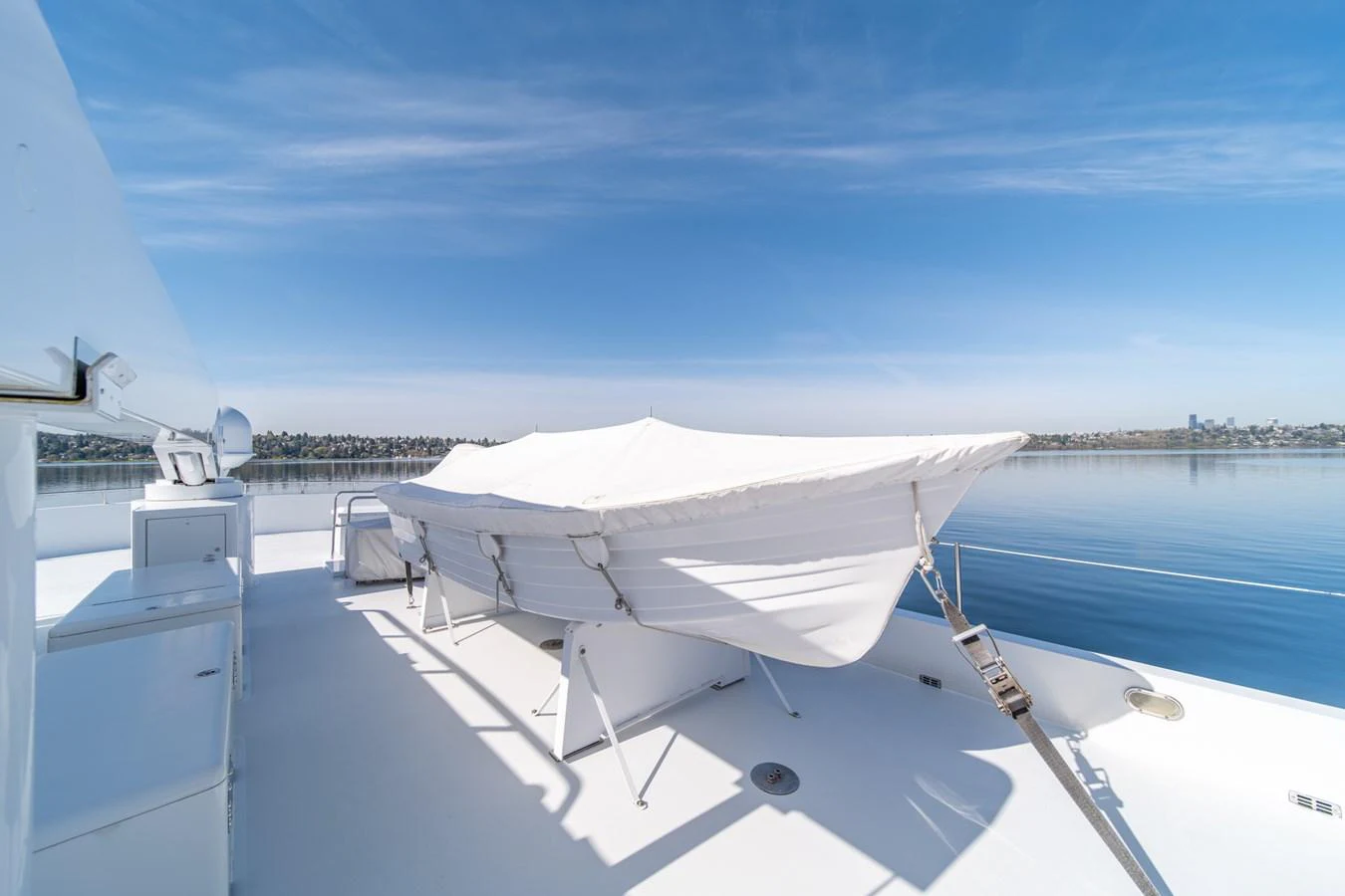 a white tent on a boat aboard ESCAPE OF LONDON Yacht for Sale