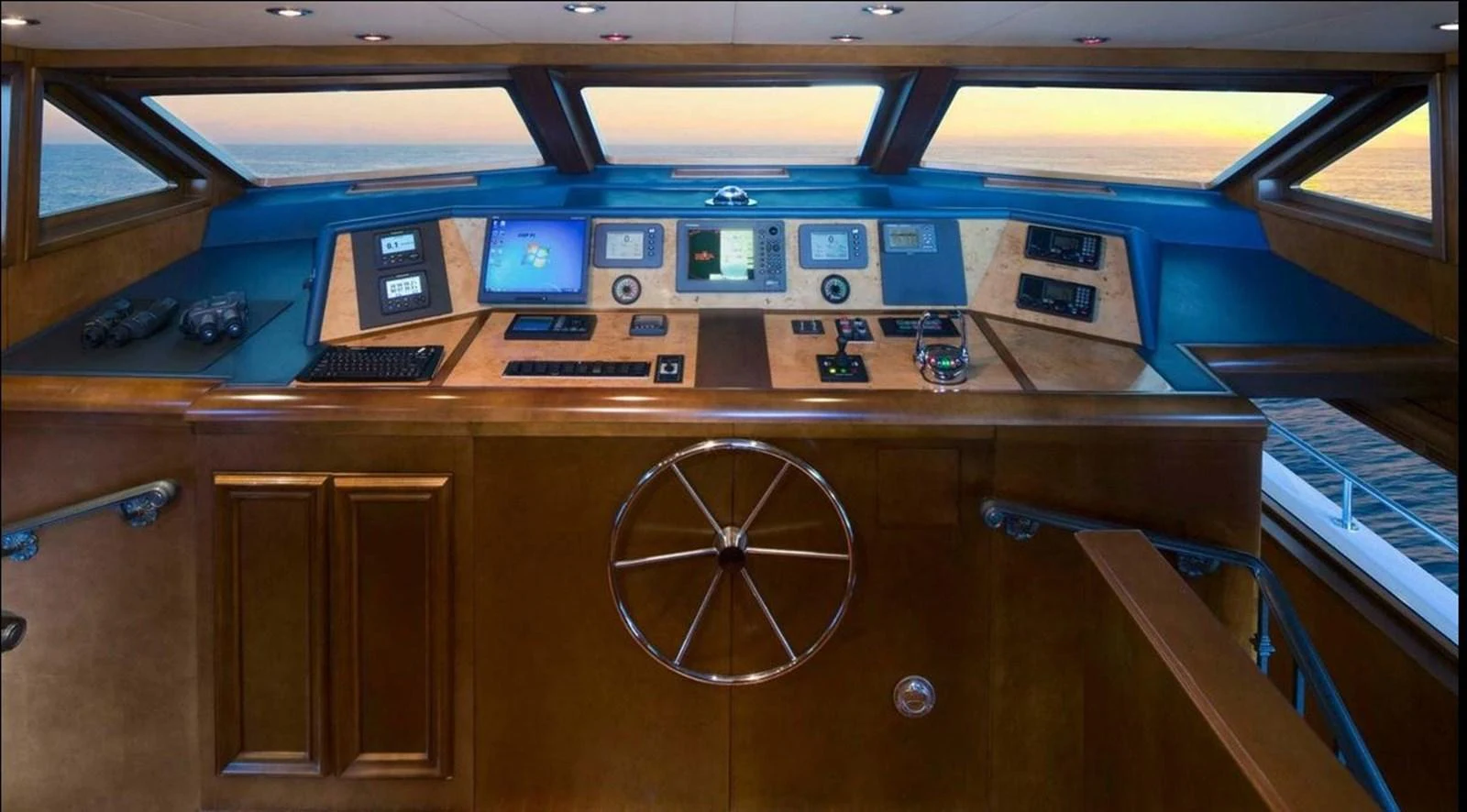 The helm features state-of-the-art navigation equipment and offers a commanding view of the sea. aboard IRON LADY Yacht for Sale