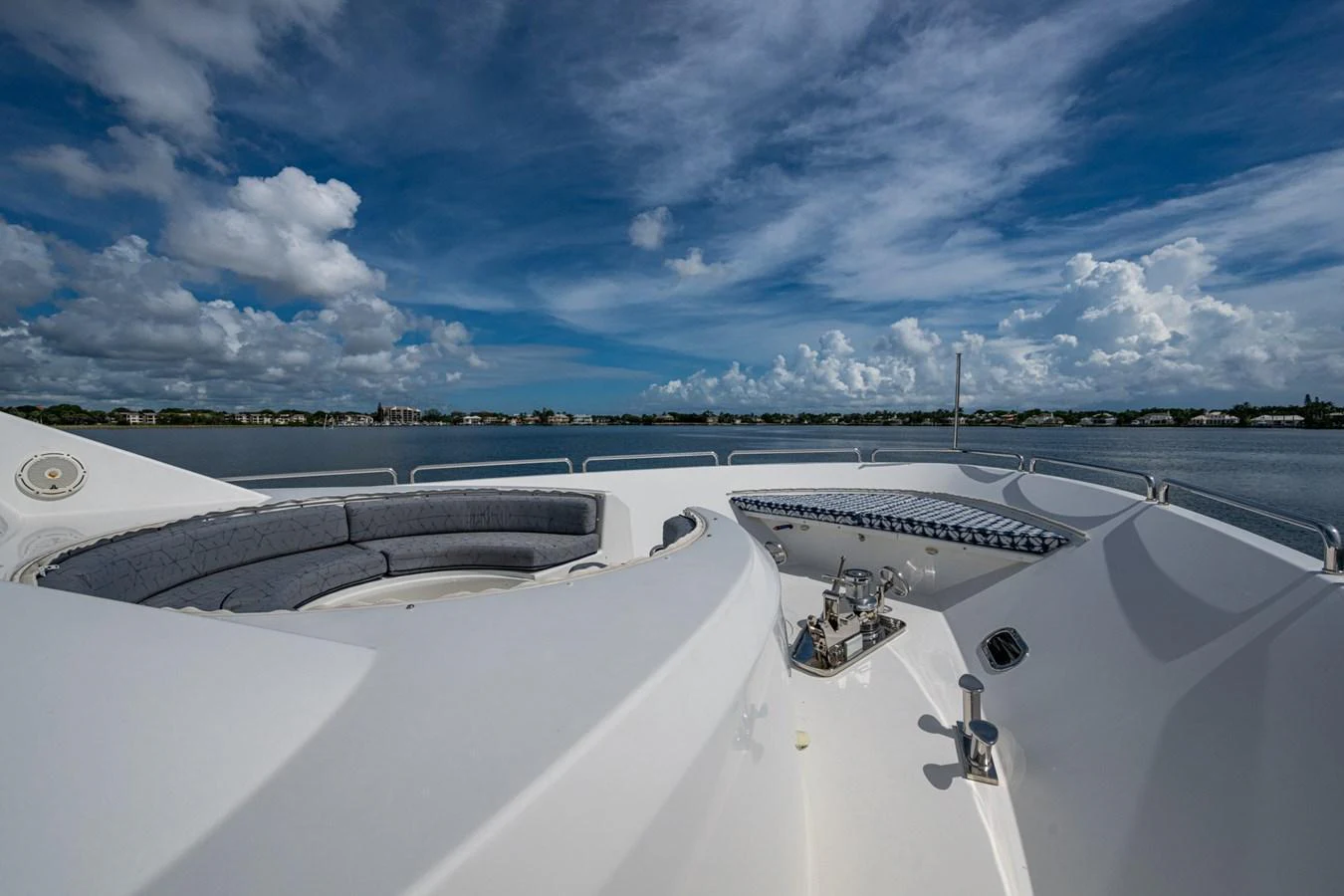The bow of the yacht features a spacious seating area with stunning views of the surrounding waters. aboard LILA CUY Yacht for Sale