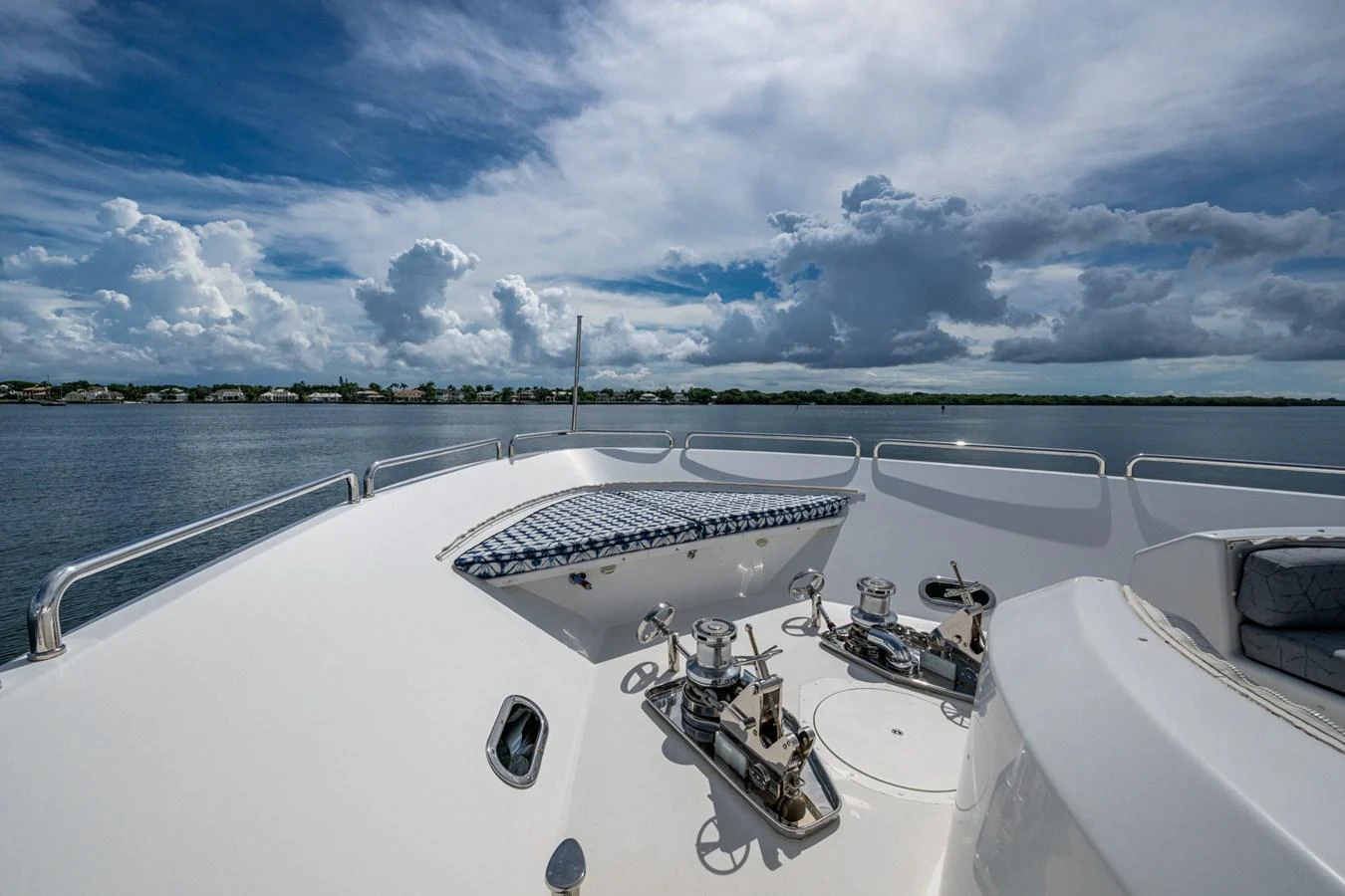 The foredeck of the yacht offers a spacious and serene area with stunning views of the water and sky. aboard LILA CUY Yacht for Sale