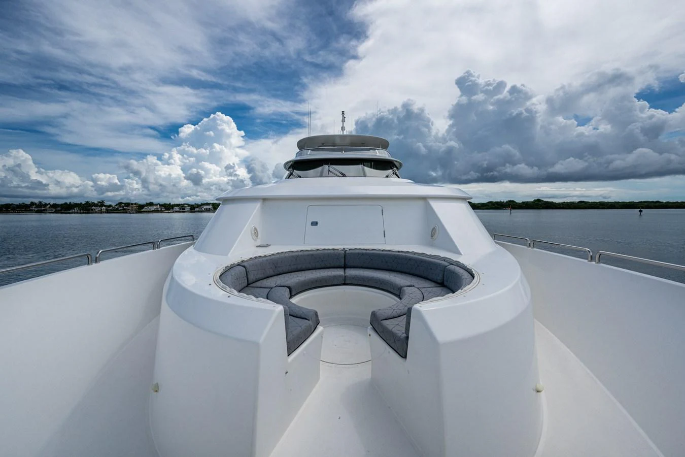 The yacht features a spacious bow seating area perfect for relaxation and enjoying the views. aboard LILA CUY Yacht for Sale