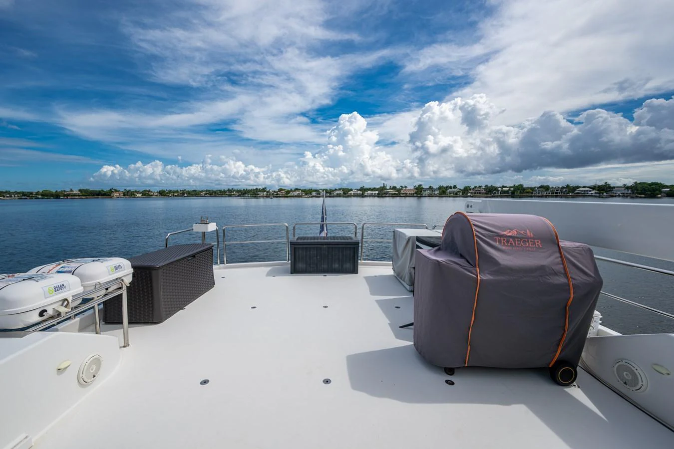 The sundeck offers a spacious area with a beautiful view of the water and sky. aboard LILA CUY Yacht for Sale