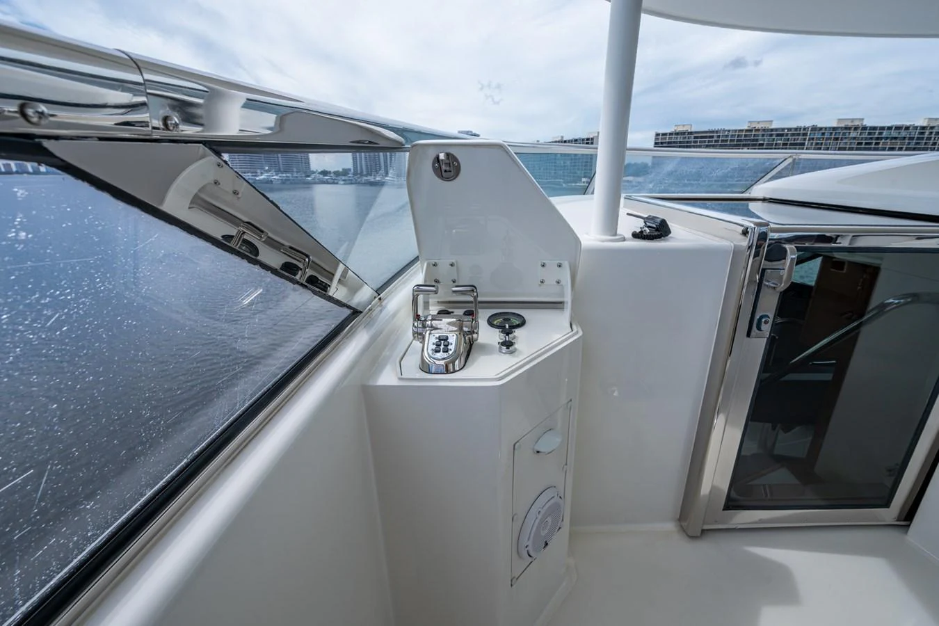 A sleek and modern yacht detail showcasing a control panel and polished surfaces. aboard LILA CUY Yacht for Sale