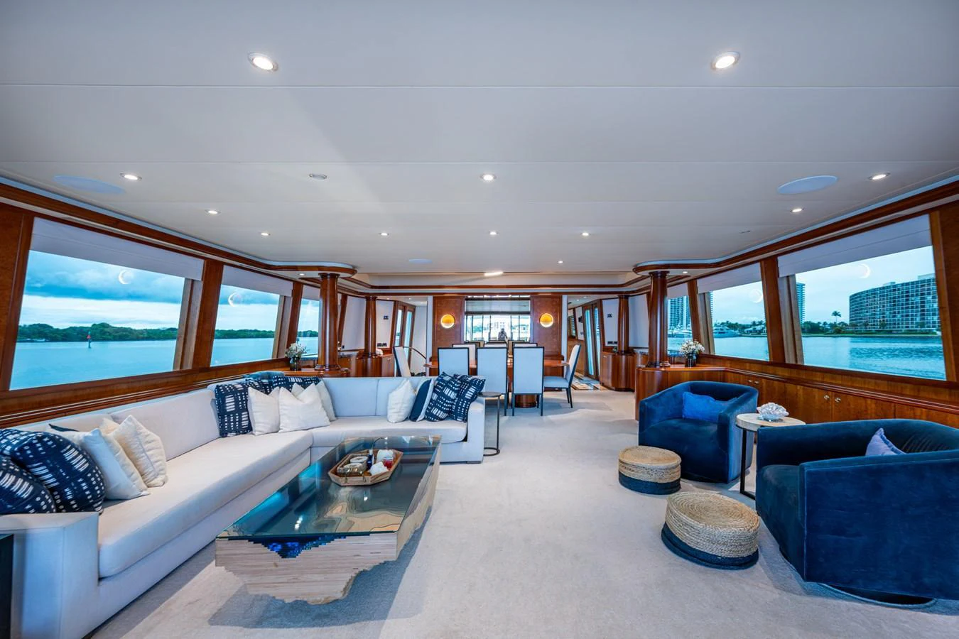 The spacious salon offers a luxurious and comfortable setting with panoramic views. aboard LILA CUY Yacht for Sale
