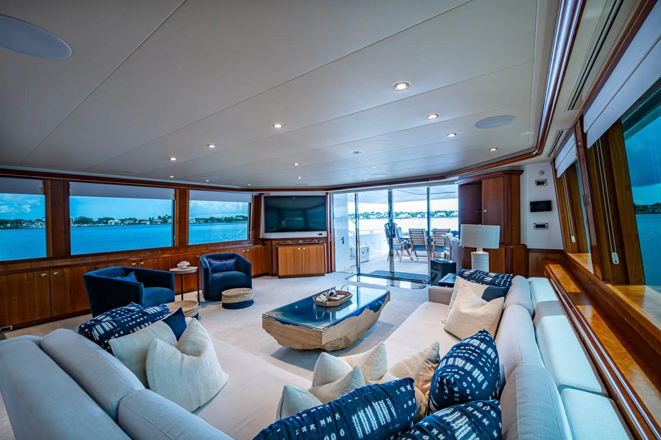 The spacious salon offers a luxurious and comfortable seating area with panoramic views of the water. aboard LILA CUY Yacht for Sale