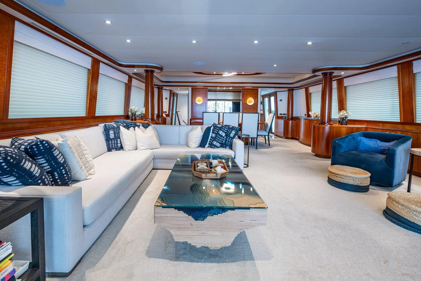 The spacious salon features elegant furnishings and ample natural light, creating a welcoming atmosphere. aboard LILA CUY Yacht for Sale