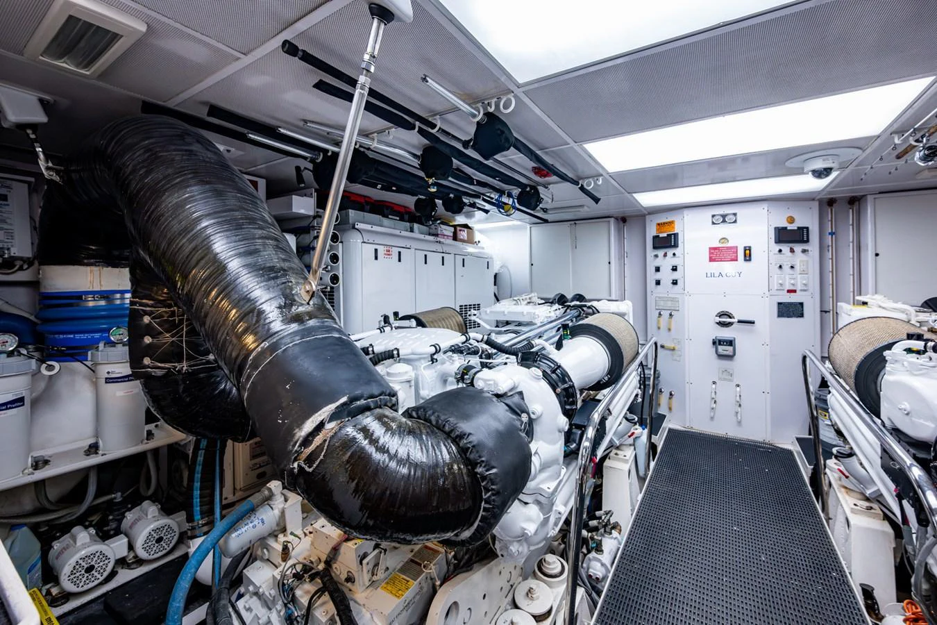 The engine room showcases the yacht's powerful and well-maintained machinery. aboard LILA CUY Yacht for Sale