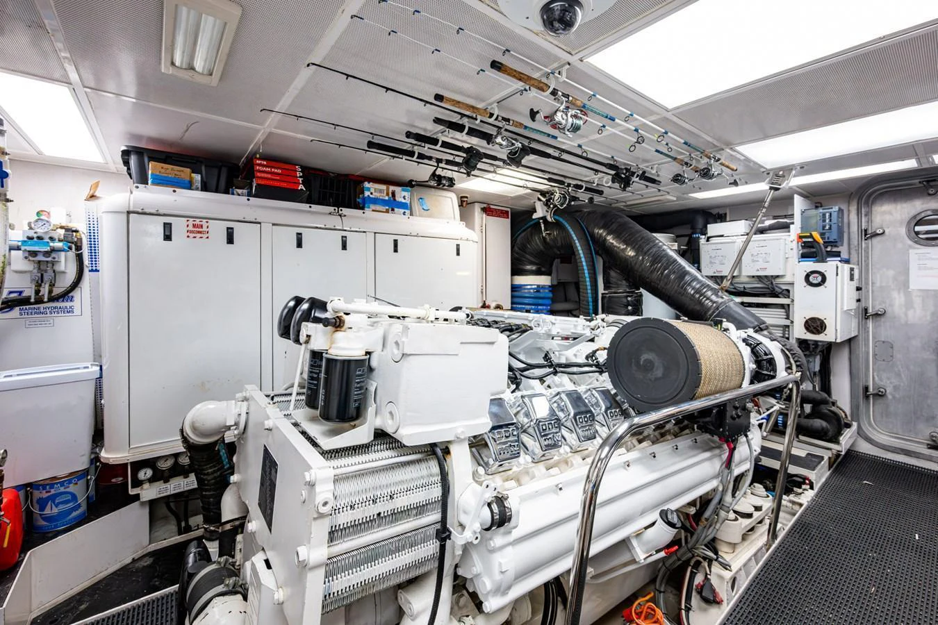 The engine room showcases a well-maintained and organized space with advanced machinery and equipment. aboard LILA CUY Yacht for Sale