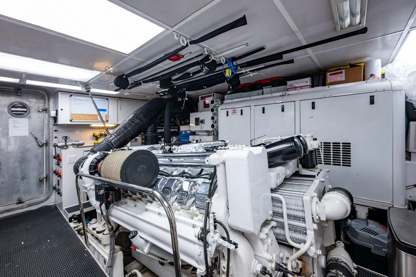 The image showcases the well-maintained engine room of the yacht, featuring advanced machinery and equipment. aboard LILA CUY Yacht for Sale