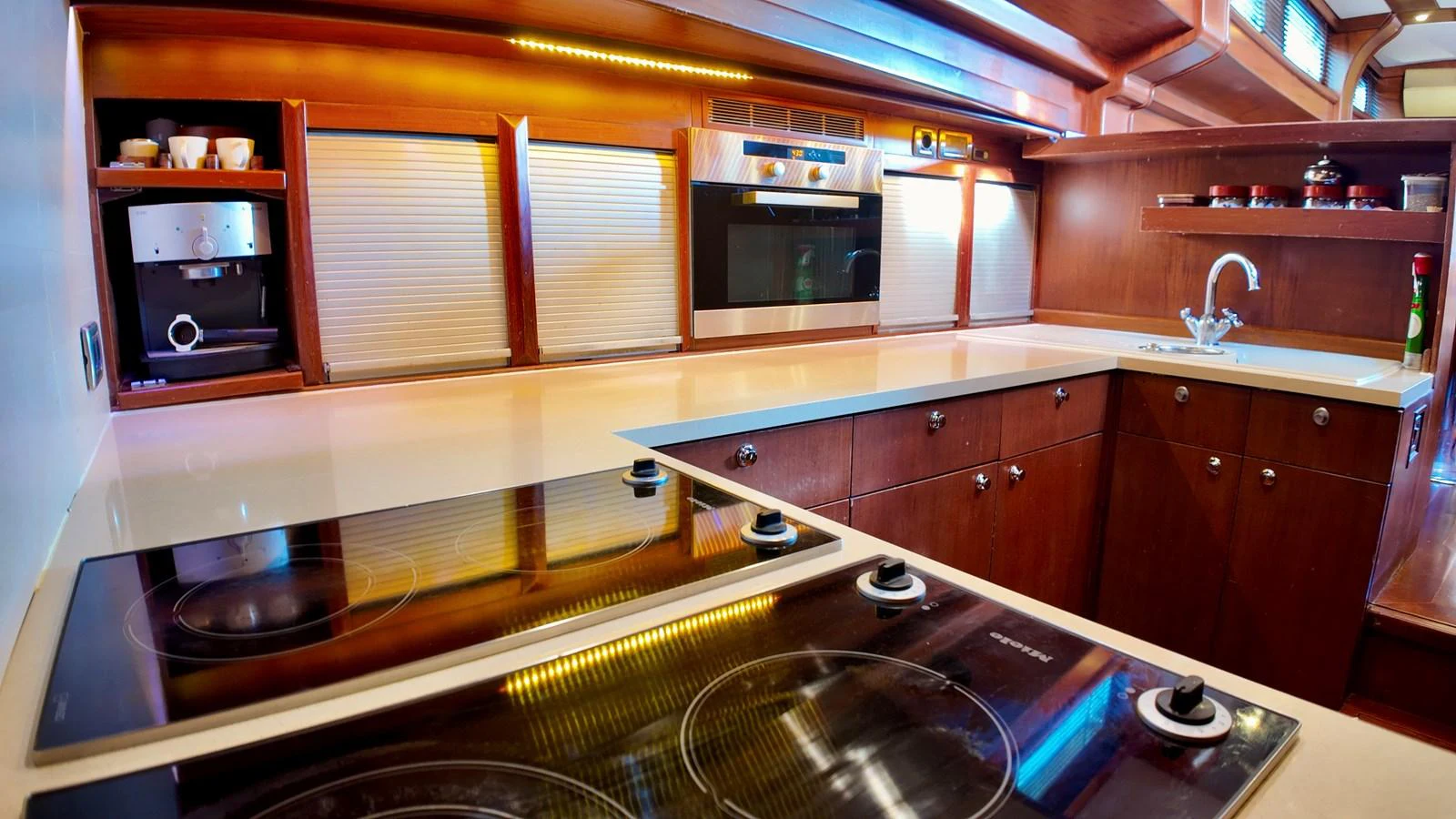 The yacht's galley features modern appliances and ample counter space, perfect for gourmet cooking. aboard PORTOBELLO Yacht for Sale