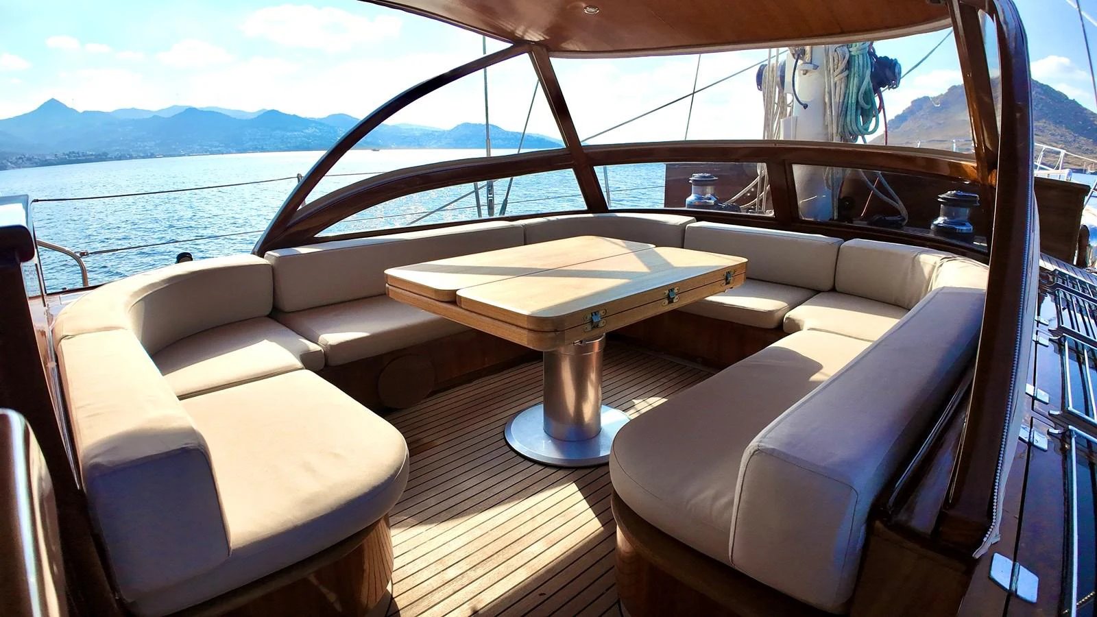 The aft deck features a spacious seating area with a central table, perfect for alfresco dining and relaxation. aboard PORTOBELLO Yacht for Sale