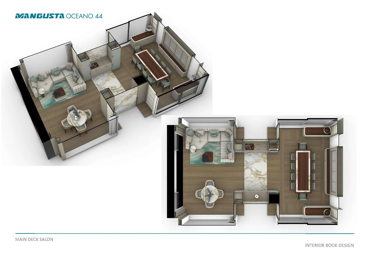 The image showcases the main deck salon layout of a luxurious yacht, highlighting its spacious and elegant design. aboard MANGUSTA OCEANO 44, #8 Yacht for Sale