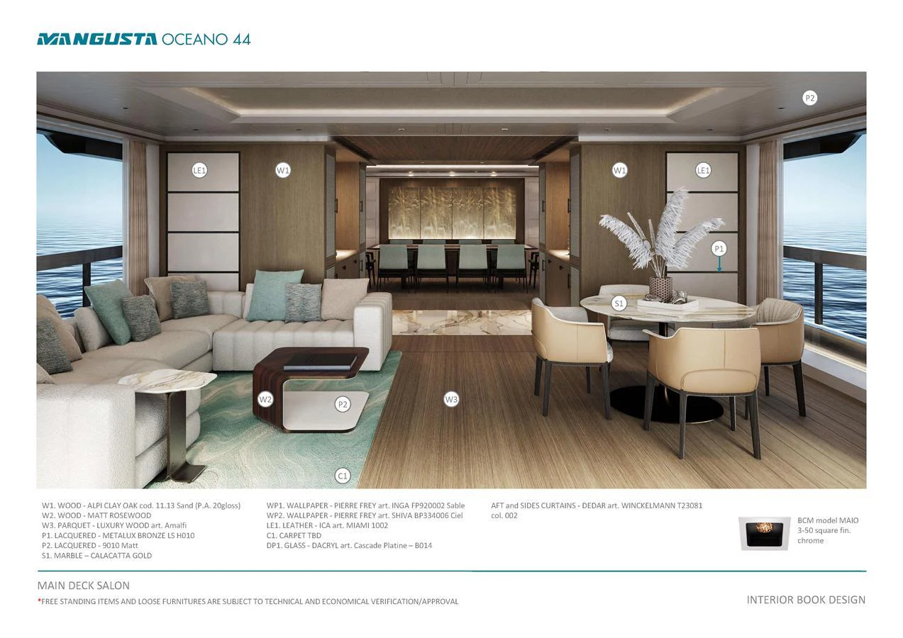 The main deck salon offers a luxurious and spacious area with elegant furnishings and panoramic views. aboard MANGUSTA OCEANO 44, #8 Yacht for Sale